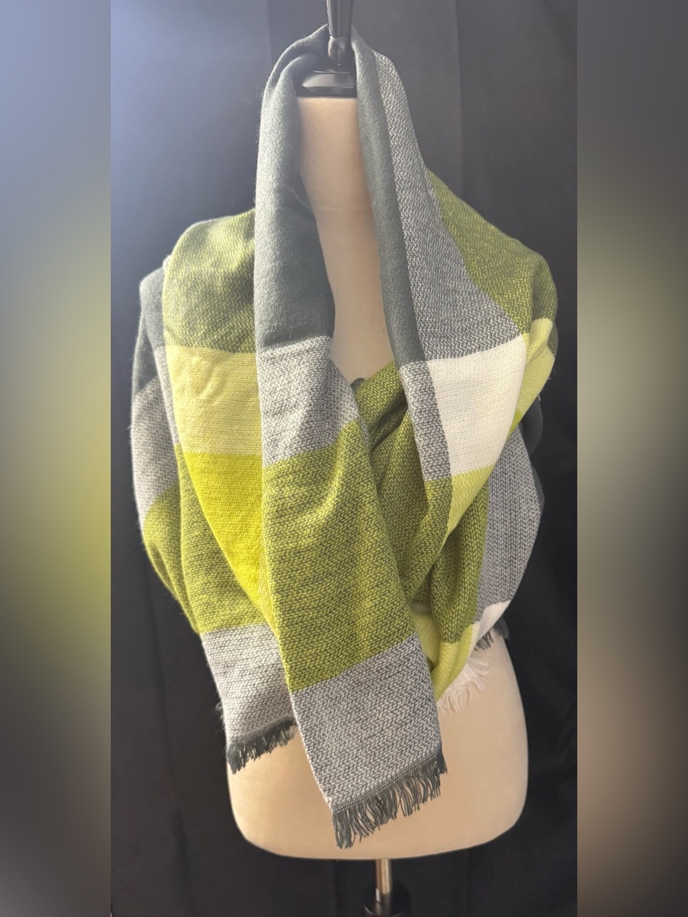 Cozy Olive & Gray Plaid Knit Scarf